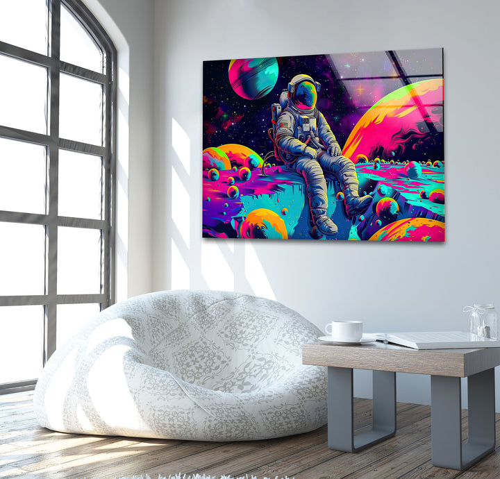 Neon Astronaut on Moon Glass Wall Art large glass photo prints, glass wall photos
