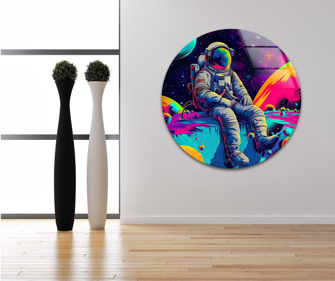 Neon Astronaut on Moon Glass Wall Art custom glass photo prints, large glass prints
