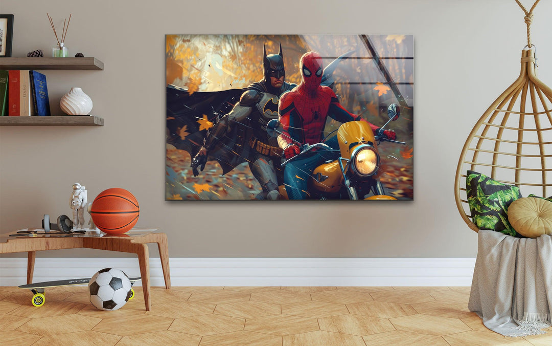 Spiderman & Batman Riding Motorcycle Glass Art