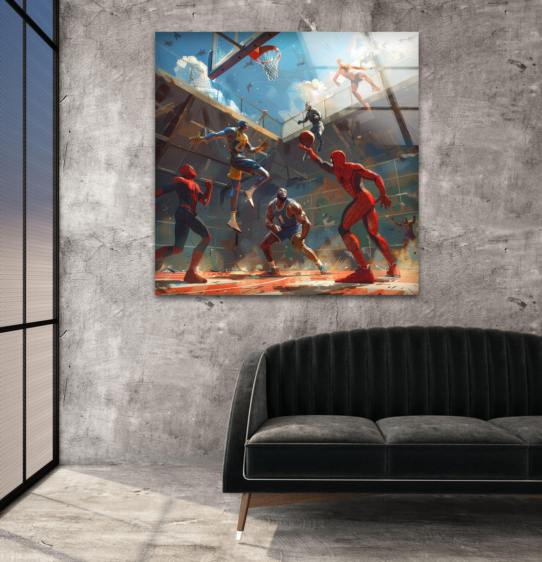 Spider Man In Basketball Tempered Glass Wall Art - MyPhotoStation