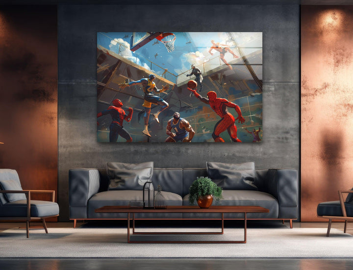 Spider Man In Basketball Tempered Glass Wall Art - MyPhotoStation