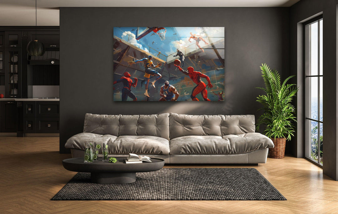 Spider Man In Basketball Tempered Glass Wall Art - MyPhotoStation