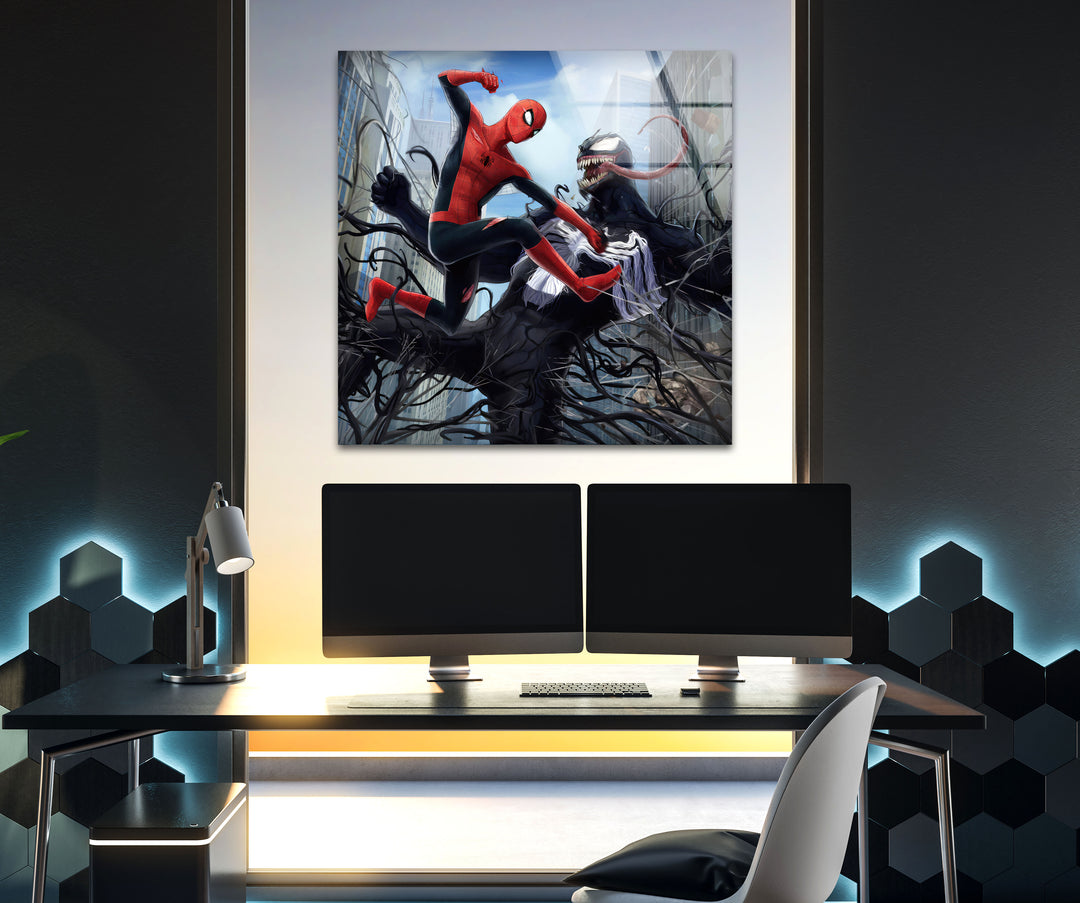 Spiderman vs Venom Glass Wall Art photo print on glass, prints on glass wall art
