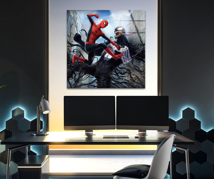 Spiderman vs Venom Glass Wall Art photo print on glass, prints on glass wall art
