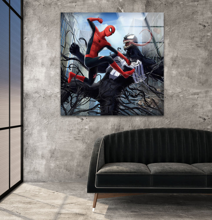 Spiderman vs Venom Glass Wall Art print on glass, glass printed photos
