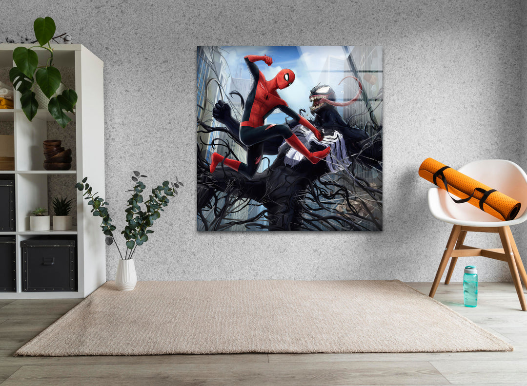 Spiderman vs Venom Glass Wall Art print picture on glass, Tempered Glass Wall Art
