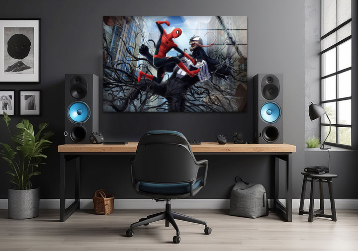 Spiderman vs Venom Glass Wall Art custom glass photo prints, large glass prints
