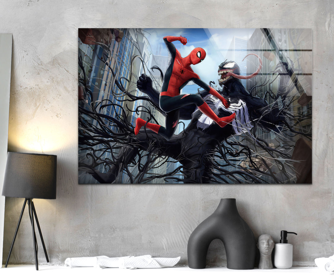 Spiderman vs Venom Glass Wall Art glass art painting, glass art for the Wall
