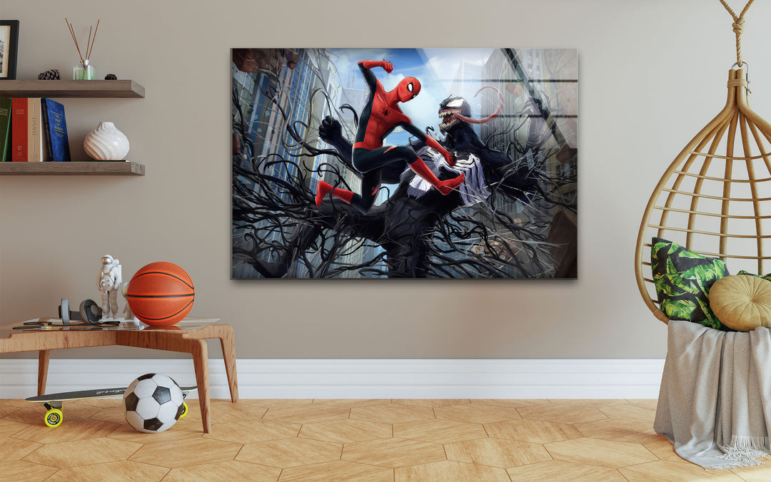 Spiderman vs Venom Glass Wall Art custom glass pictures, glass art prints
