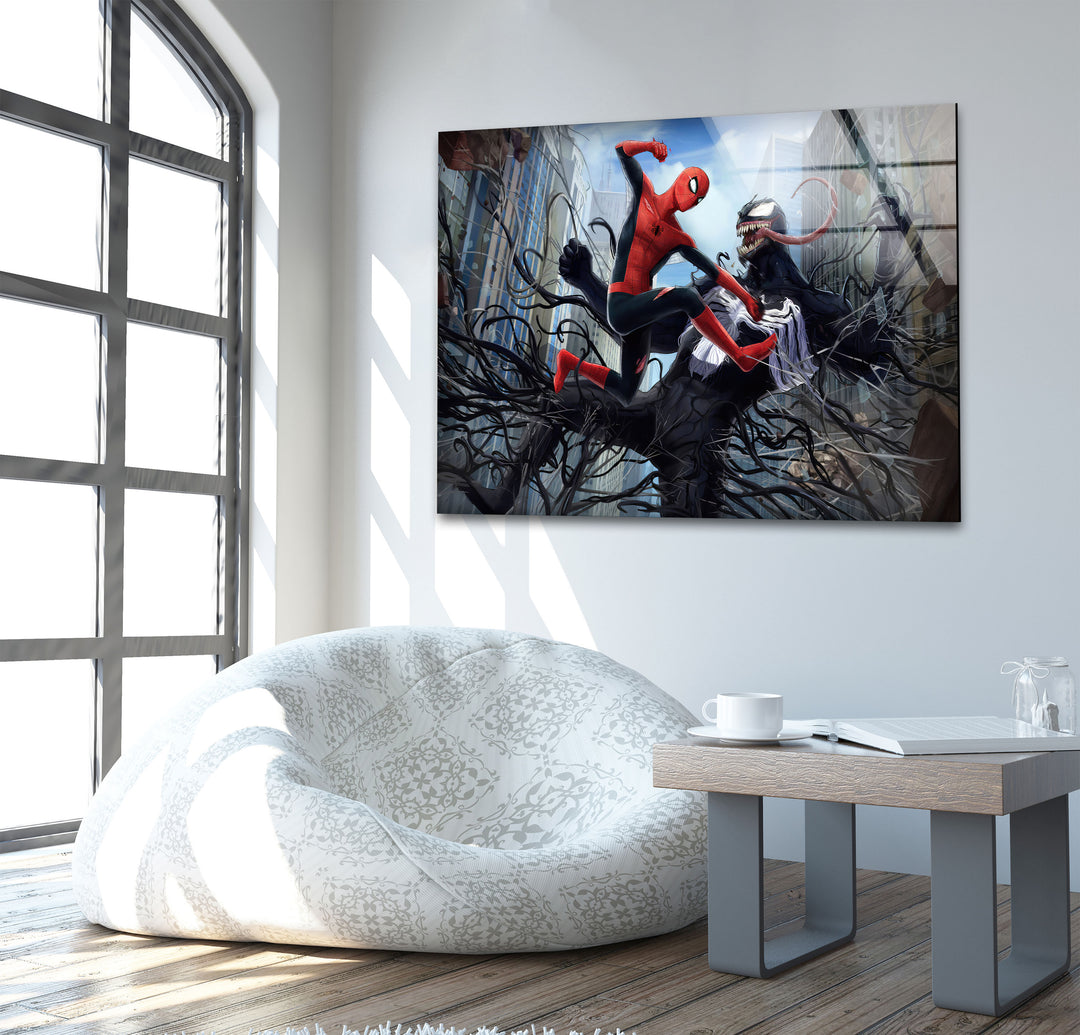 Spiderman vs Venom Glass Wall Art picture on glass wall art, photos printed on glass
