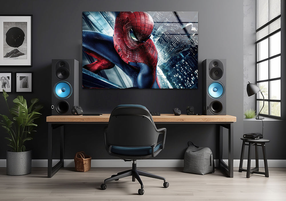 Spiderman City View Glass Wall Art custom glass pictures, glass art prints
