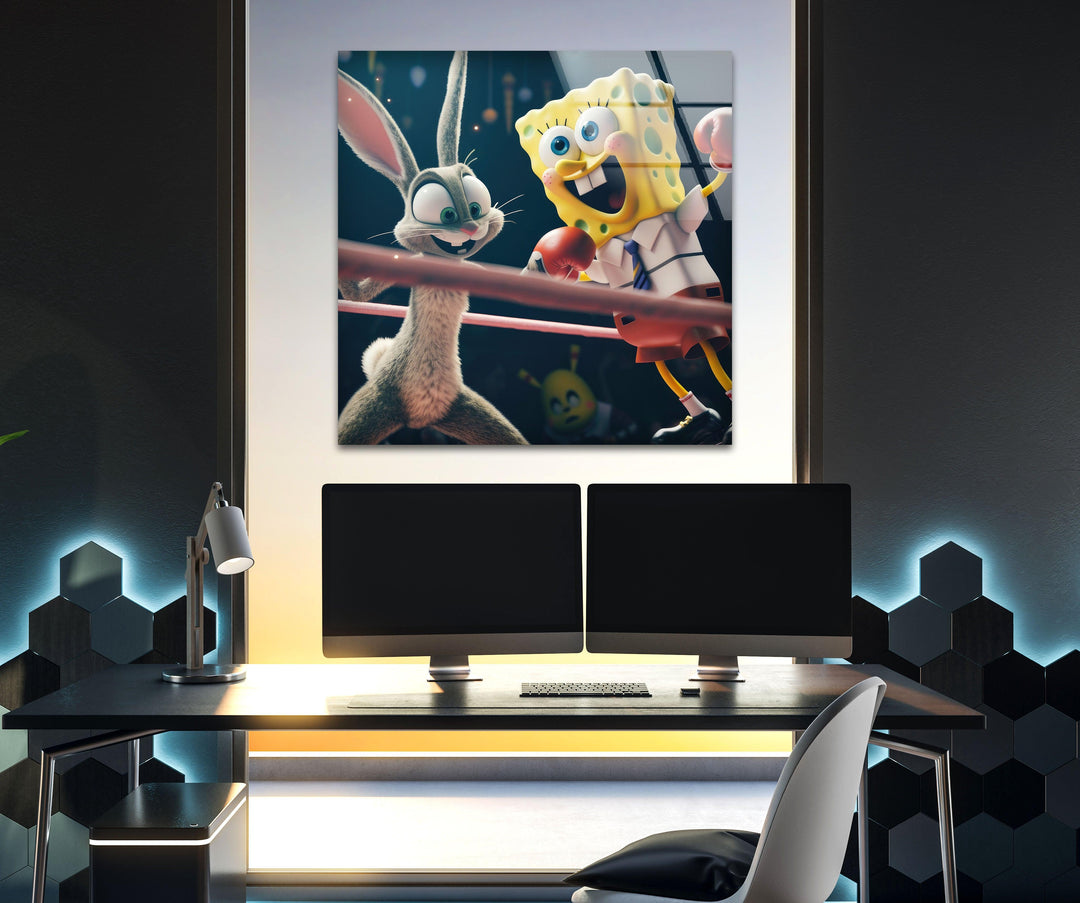 SpongeBob vs Bugs Bunny Glass Wall Art, large glass photo prints, glass wall photos