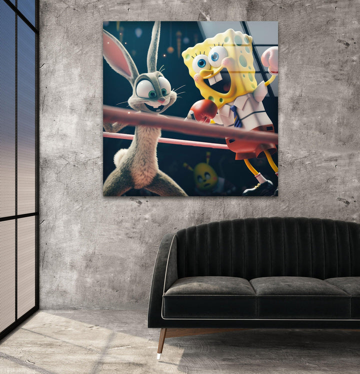 SpongeBob vs Bugs Bunny Glass Wall Art, glass pictures for Wall, glass prints wall art