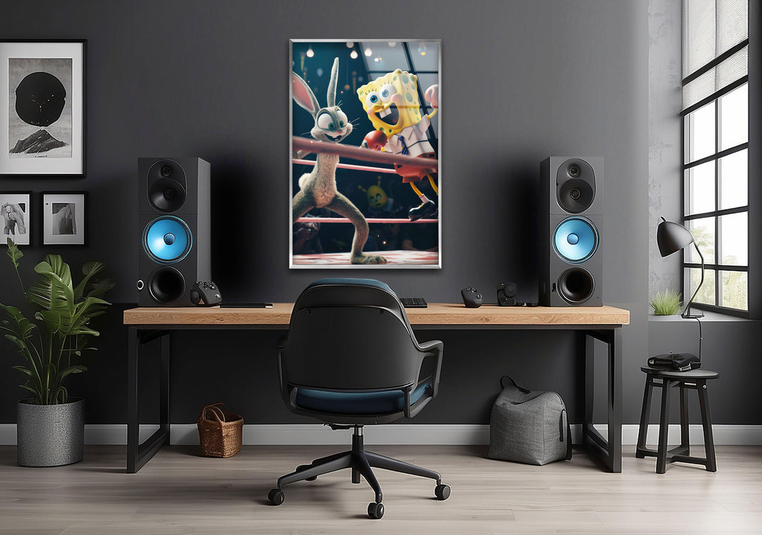 SpongeBob vs Bugs Bunny Glass Wall Art, custom glass pictures, glass art prints