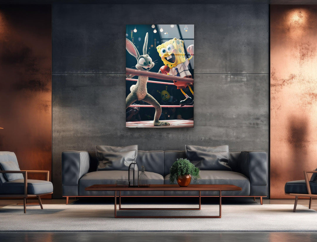 SpongeBob vs Bugs Bunny Glass Wall Art,  glass art painting, glass art for the Wall