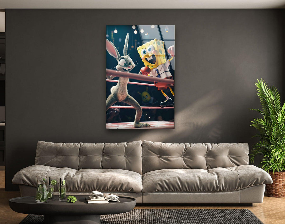 SpongeBob vs Bugs Bunny Glass Wall Art, glass image printing, glass prints from photos