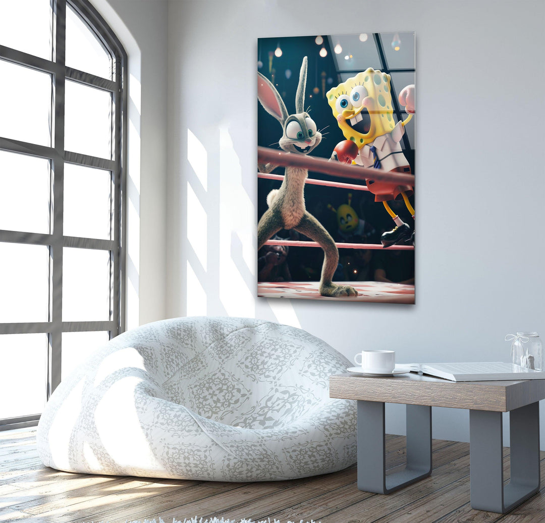 SpongeBob vs Bugs Bunny Glass Wall Art,  custom glass photo prints, large glass prints