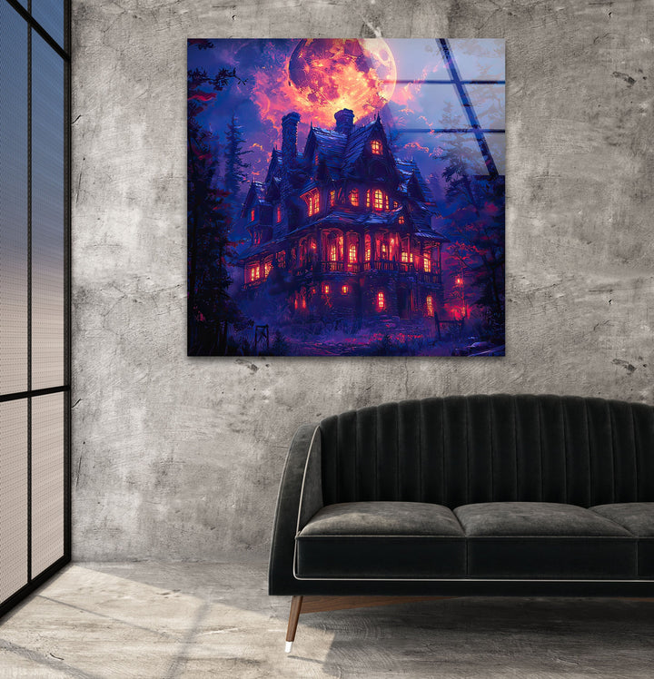 Spooky Haunted House Glass Wall Art print picture on glass, Tempered Glass Wall Art
