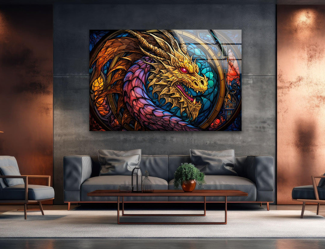 Stained Colored Dragon Glass Wall Art print on glass, glass printed photos
