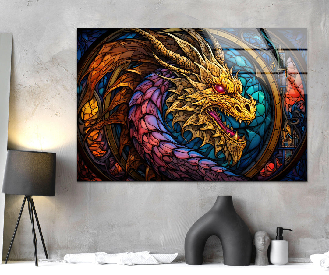 Stained Colored Dragon Glass Wall Art print picture on glass, Tempered Glass Wall Art
