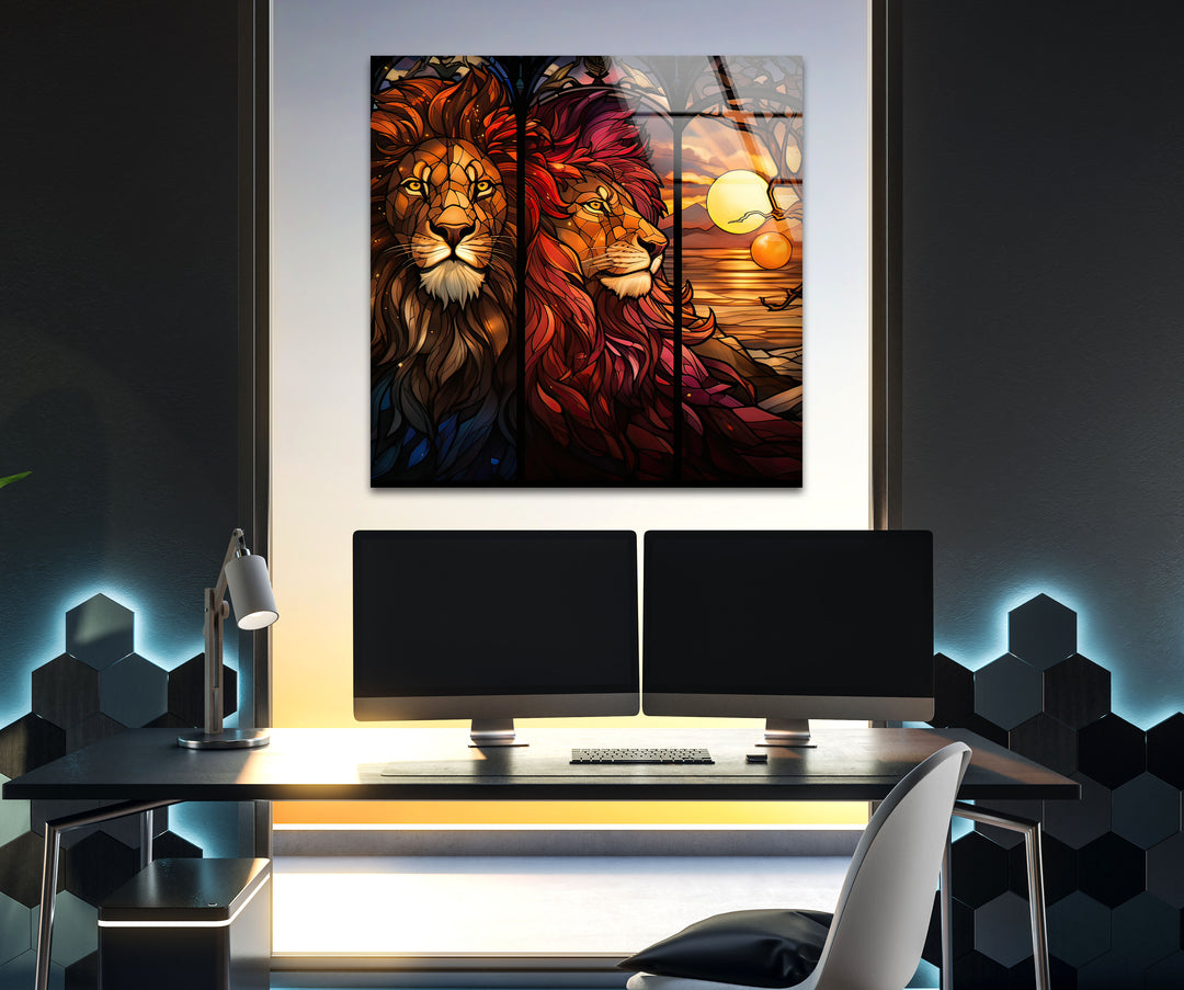 Stained Majestic Lions Glass Wall Art custom glass pictures, glass art prints
