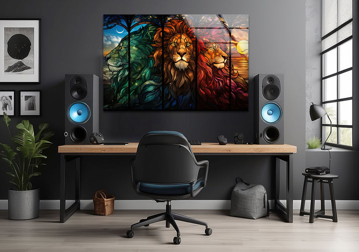 Stained Majestic Lions Glass Wall Art photo print on glass, prints on glass wall art
