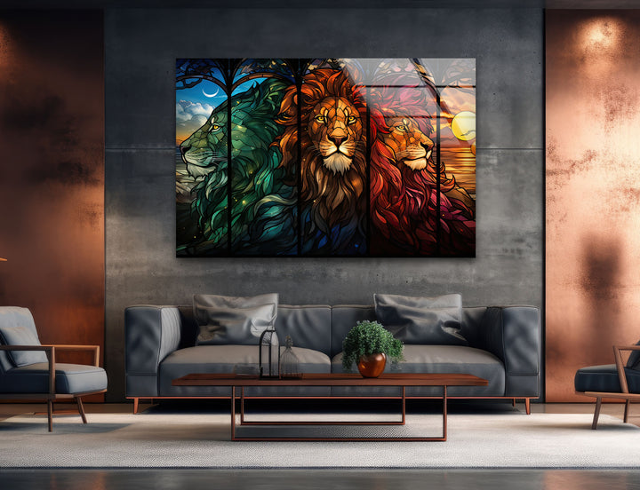 Stained Majestic Lions Glass Wall Art large glass photo prints, glass wall photos
