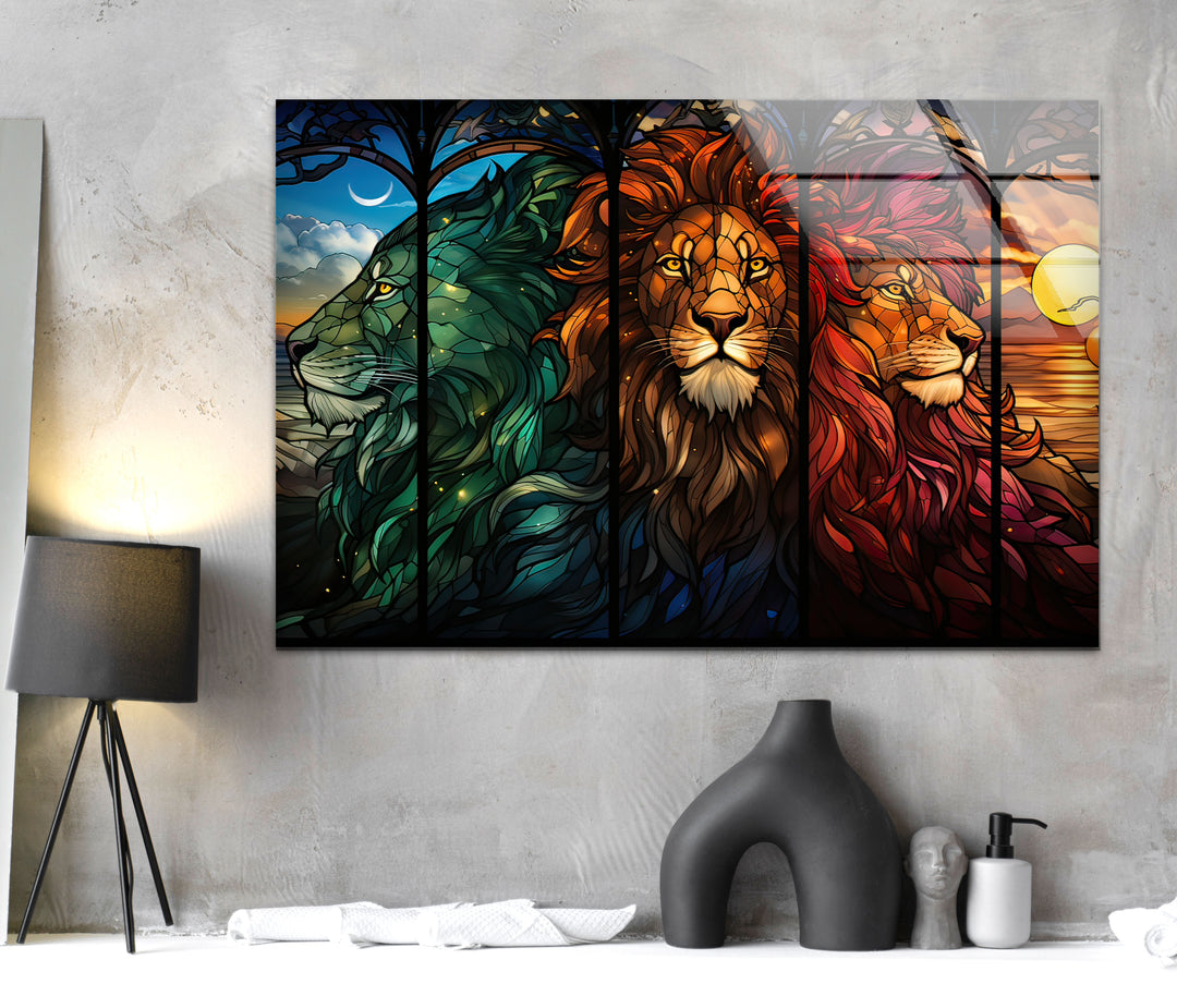 Stained Majestic Lions Glass Wall Art custom glass photo prints, large glass prints
