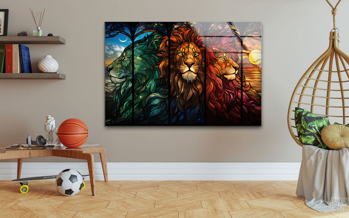 Stained Majestic Lions Glass Wall Art picture on glass wall art, photos printed on glass
