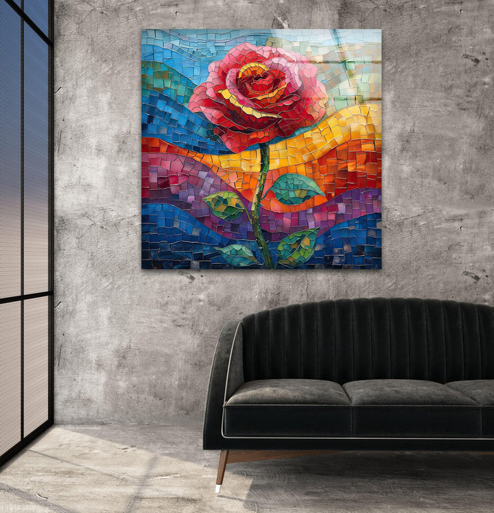 Stained Mosaic Red Flower Glass Wall Art glass image printing, glass prints from photos
