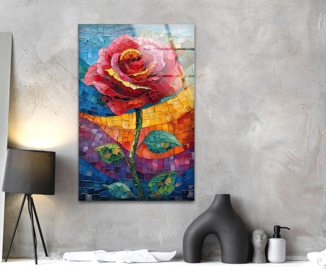 Stained Mosaic Red Flower Glass Wall Art custom glass photo prints, large glass prints
