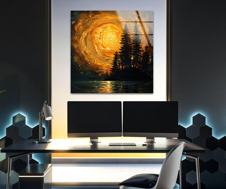 Starry Orange Sky Over a Valley Glass Wall Art custom glass pictures, glass art prints
