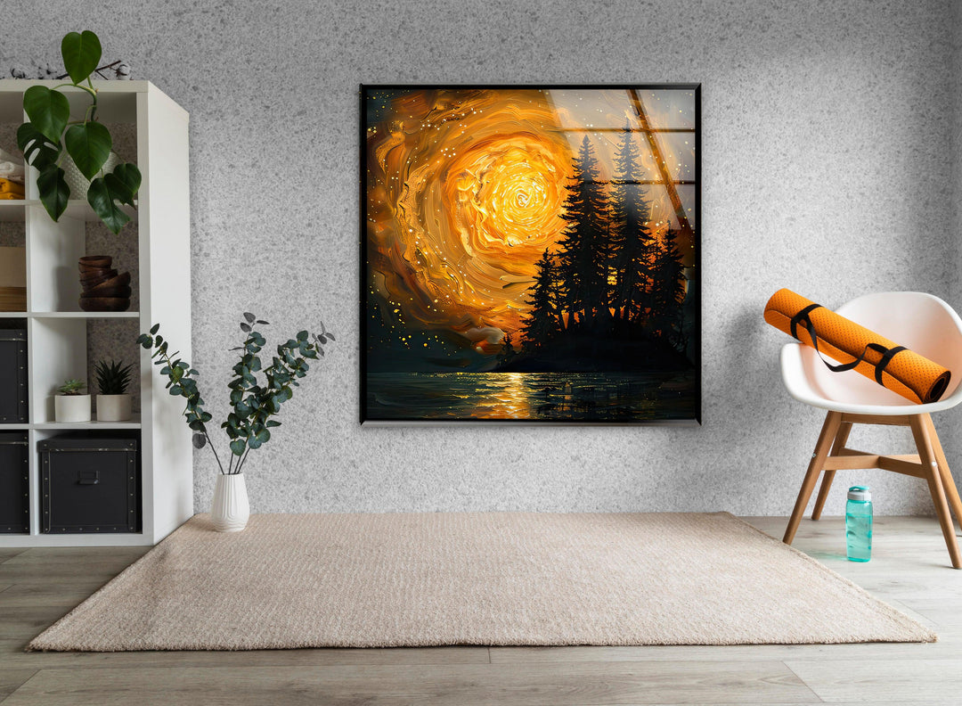 Starry Orange Sky Over a Valley Glass Wall Art glass pictures for Wall, glass prints wall art
