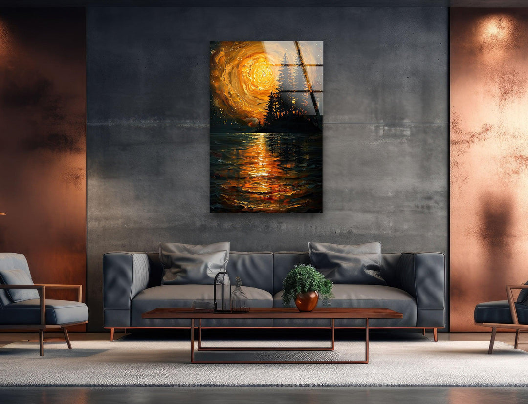 Starry Orange Sky Over a Valley Glass Wall Art large glass photo prints, glass wall photos
