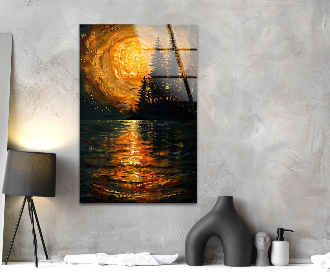 Starry Orange Sky Over a Valley Glass Wall Art custom glass photo prints, large glass prints
