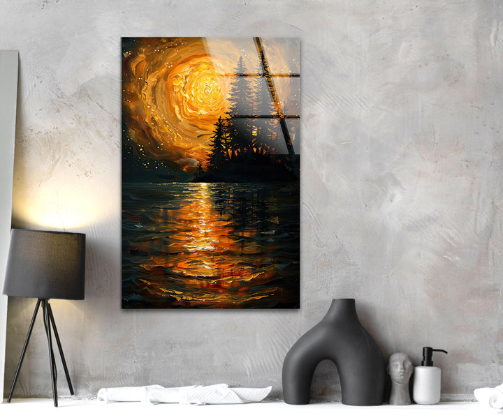 Starry Orange Sky Over a Valley Glass Wall Art custom glass photo prints, large glass prints
