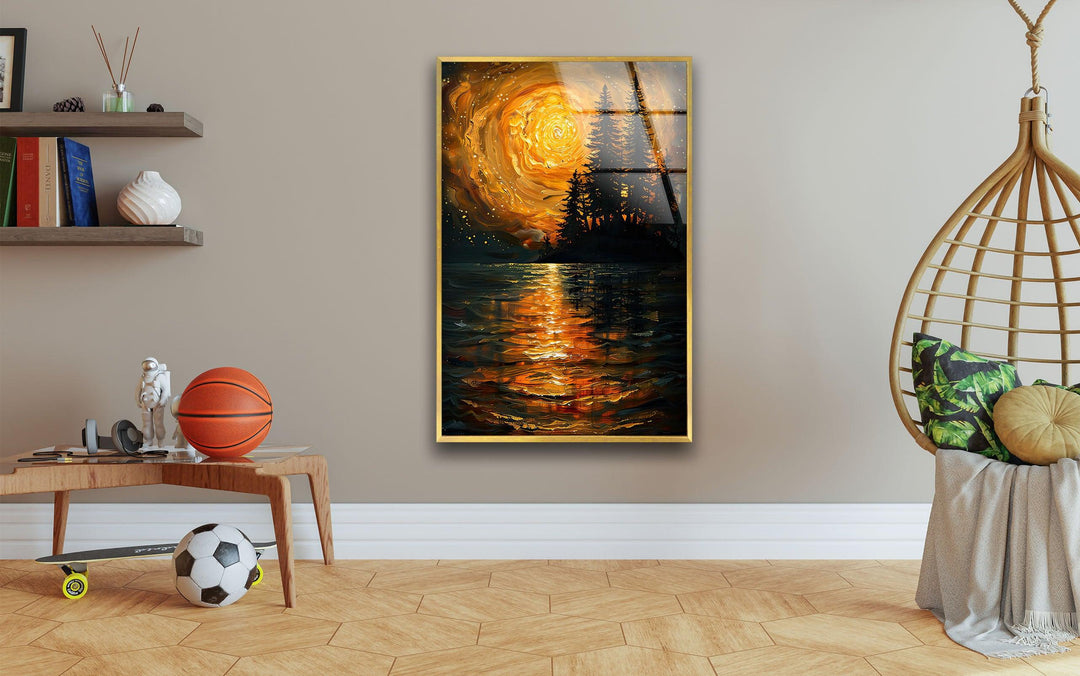 Starry Orange Sky Over a Valley Glass Wall Art picture on glass wall art, photos printed on glass
