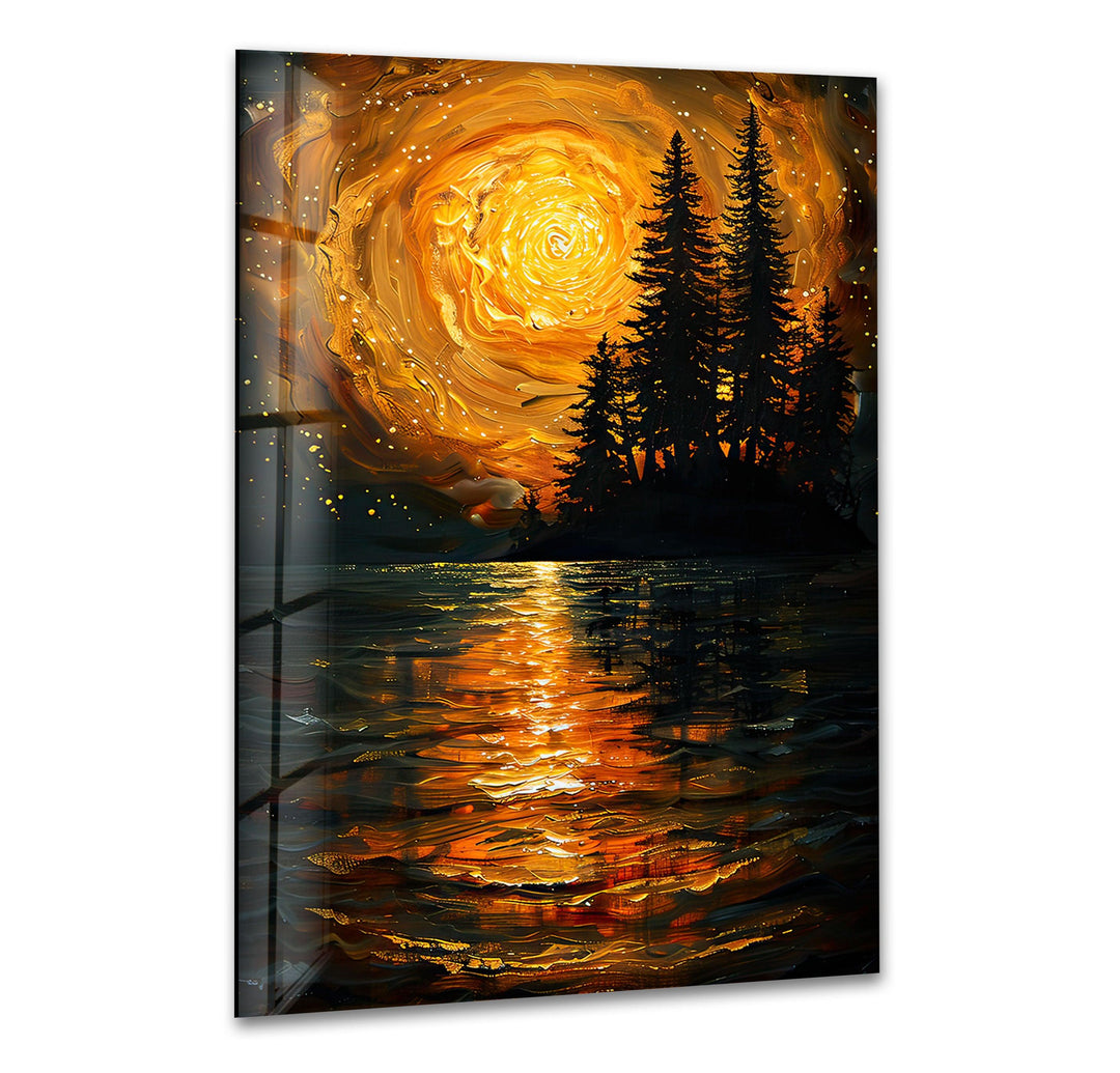 Starry Orange Sky Over a Valley Glass Wall Art glass art painting, glass art for the Wall
