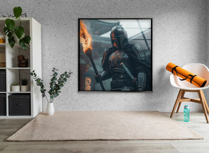 Mandalorian & Torch Star Wars Glass Wall Art photo print on glass, prints on glass wall art
