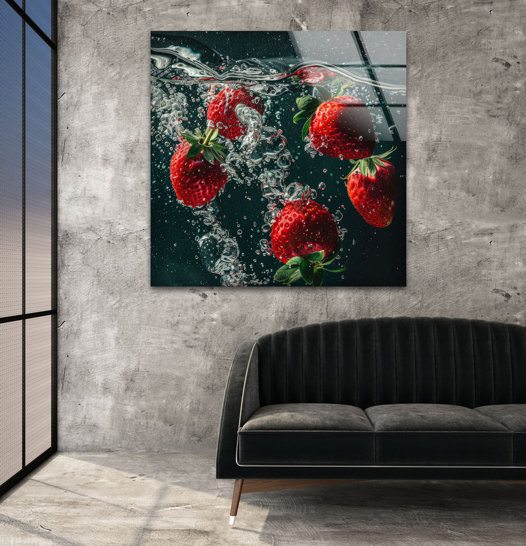 Strawberries Glass Wall Art, glass art painting, glass art for the Wall