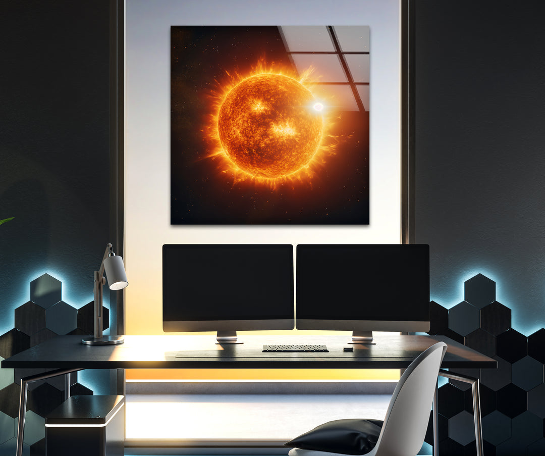 Fiery Cosmic Sun Glass Wall Art picture on glass wall art, photos printed on glass