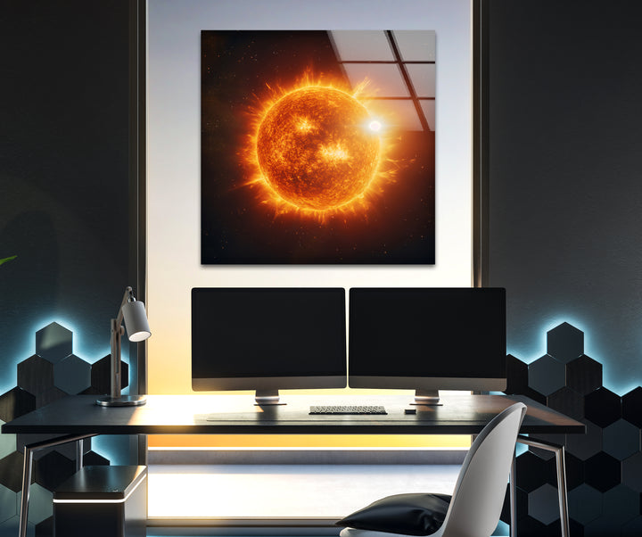 Fiery Cosmic Sun Glass Wall Art picture on glass wall art, photos printed on glass