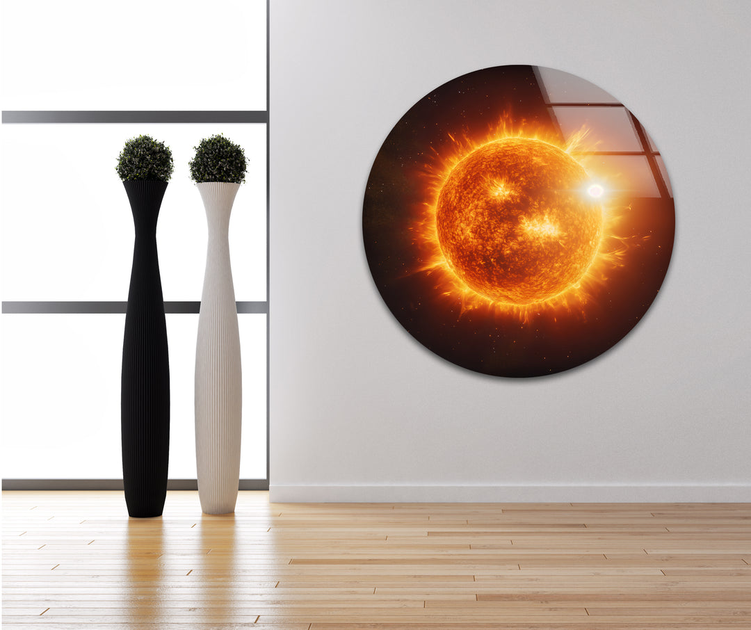 Fiery Cosmic Sun Glass Wall Art photo print on glass, prints on glass wall art