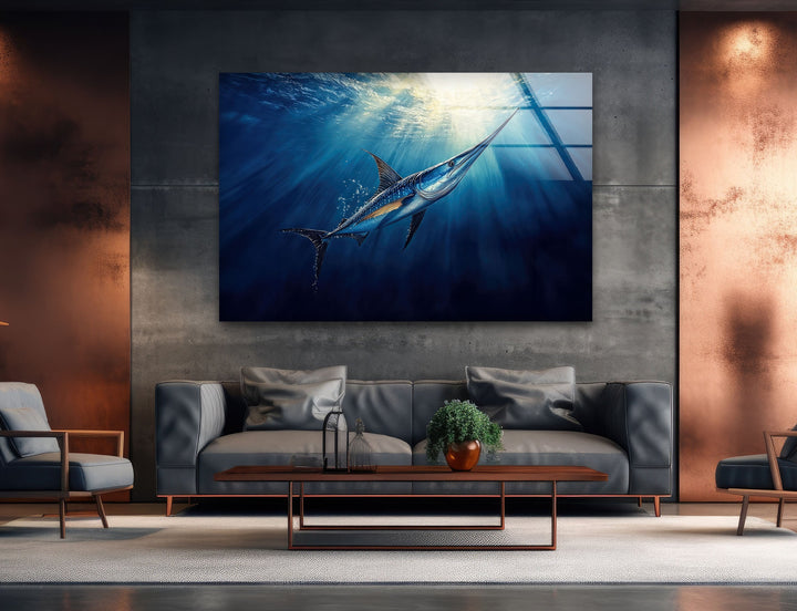 Swordfish Blue Glass Wall Art custom glass pictures, glass art prints
