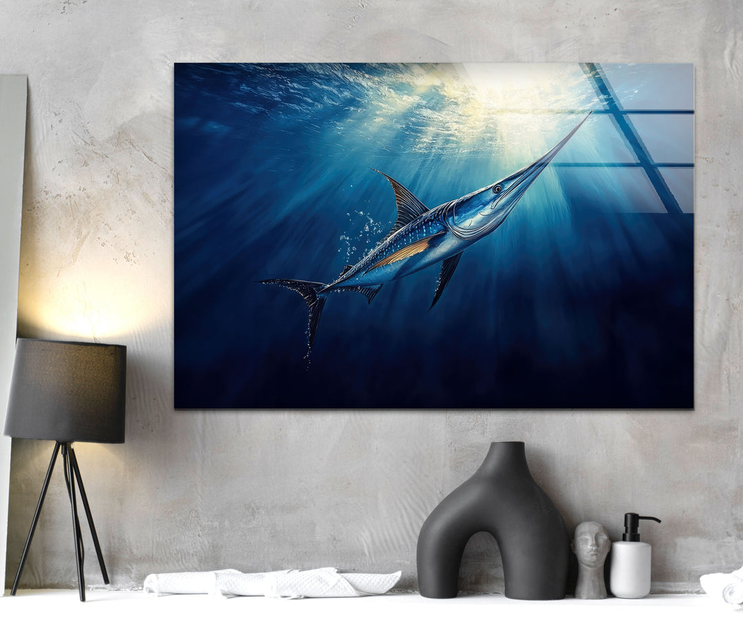 Swordfish Blue Glass Wall Art photo print on glass, prints on glass wall art
