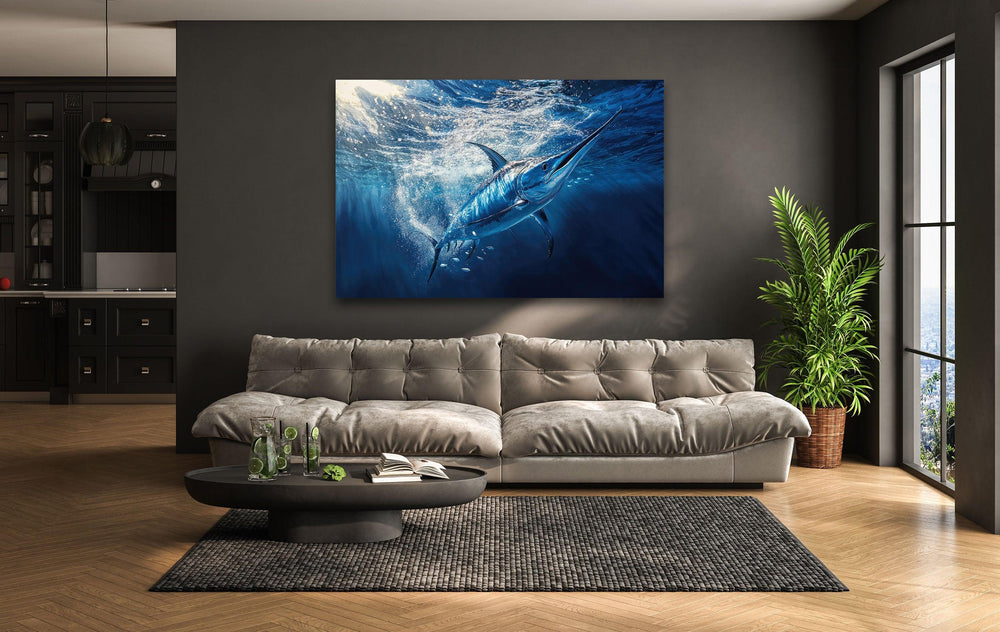 Swordfish Under Ocean Glass Wall Art custom glass photo prints, large glass prints
