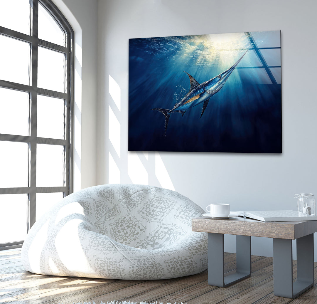 Swordfish Blue Glass Wall Art custom glass photo prints, large glass prints
