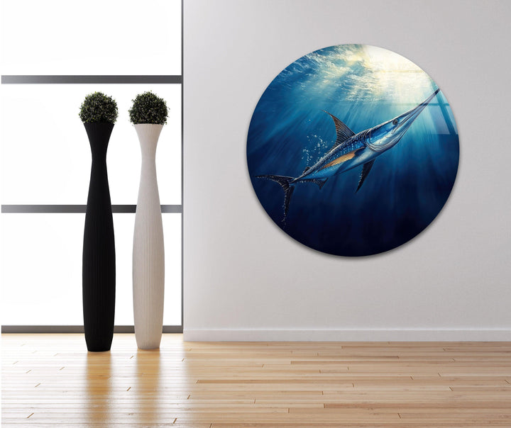 Swordfish Blue Glass Wall Art picture on glass wall art, photos printed on glass
