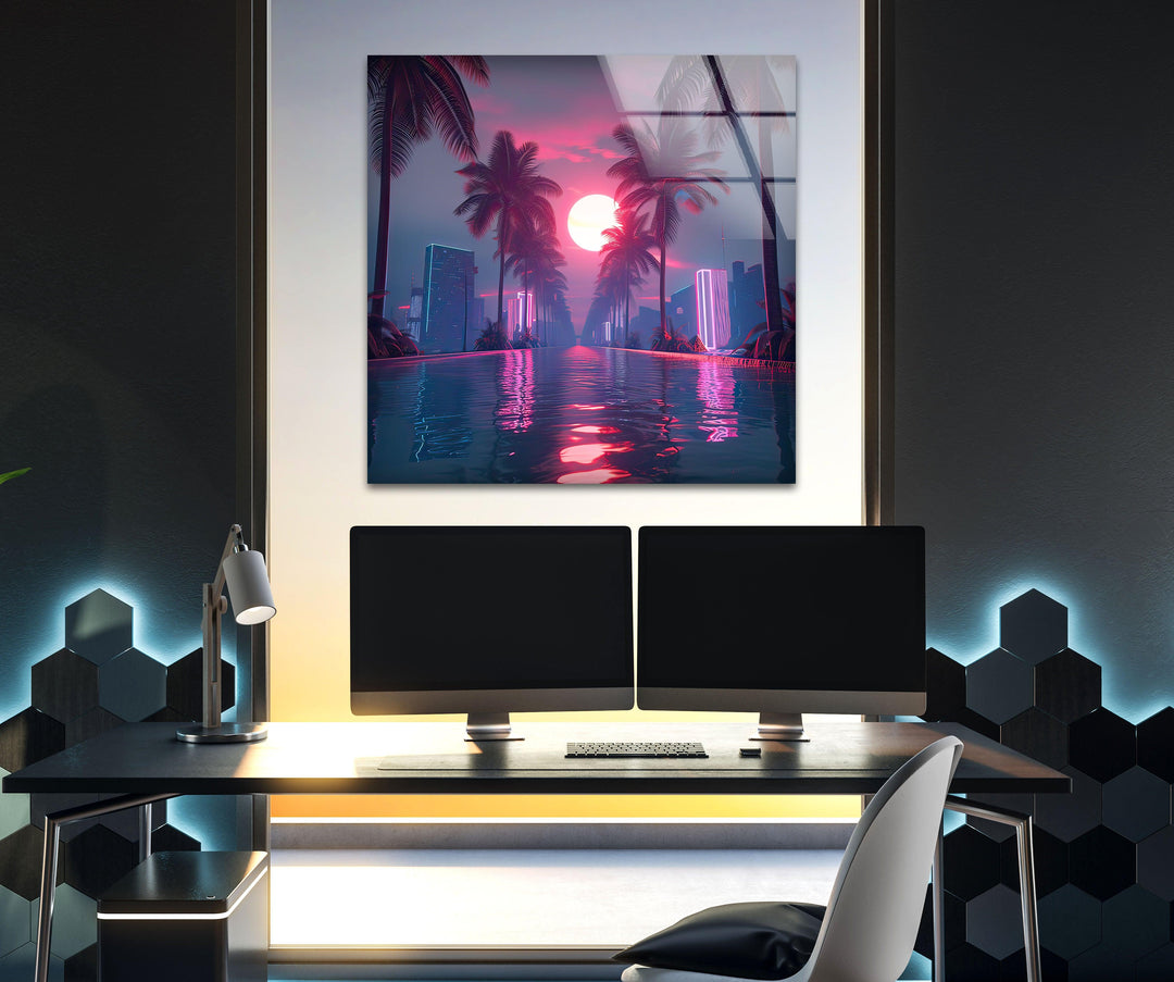 Synthwave Pink Glass Wall Art glass art painting, glass art for the Wall
