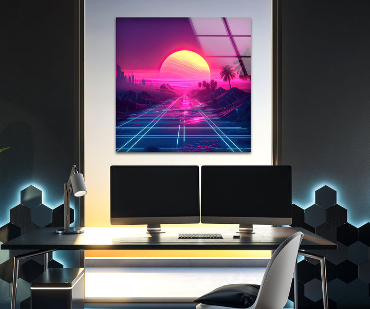 Synthwave Pink Sunset Glass Wall Art glass image printing, glass prints from photos
